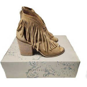 Musse & Cloud Galia Tan Ankle Bootie Open Toe Suede Fringe Cutout Womens Size 6
